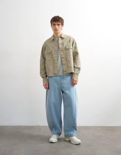 Model wearing Regular fit canvas overshirt in putty