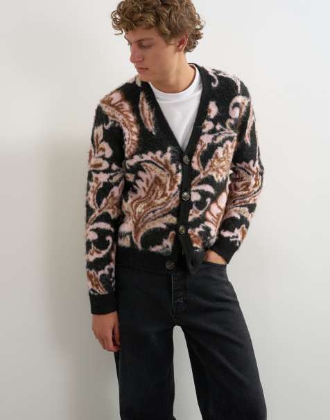 Topman regular fit cardigan i børstet strik med paisleymønster i sort - view 1