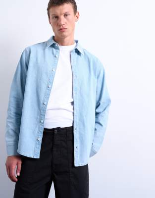 Topman Regular Fit Denim Long Sleeve Shirt In Blue
