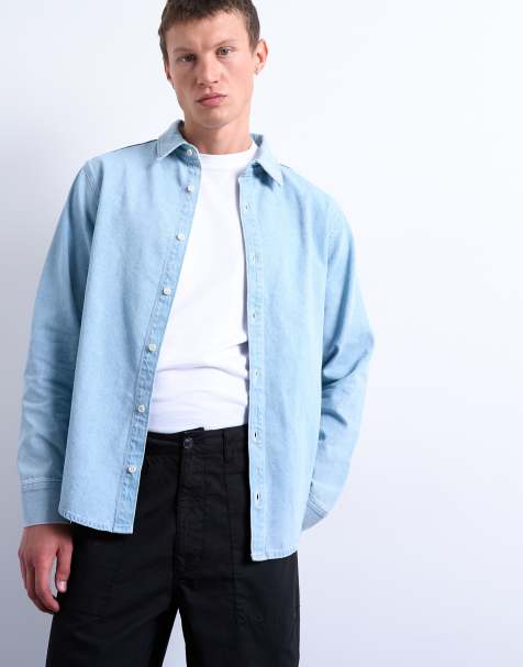 Topman regular fit denim long sleeve shirt in light wash - view 1