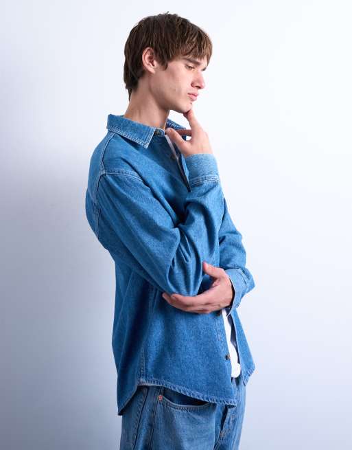 Topman regular fit denim long sleeve shirt in mid wash, 4 of 5