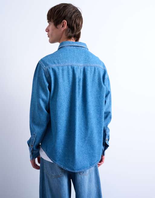 Topman regular fit denim long sleeve shirt in mid wash, 5 of 5