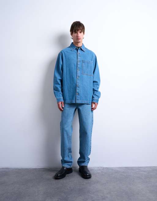 Topman - Regular-fit denim overshirt in mid-wash blauw, 3 van 5