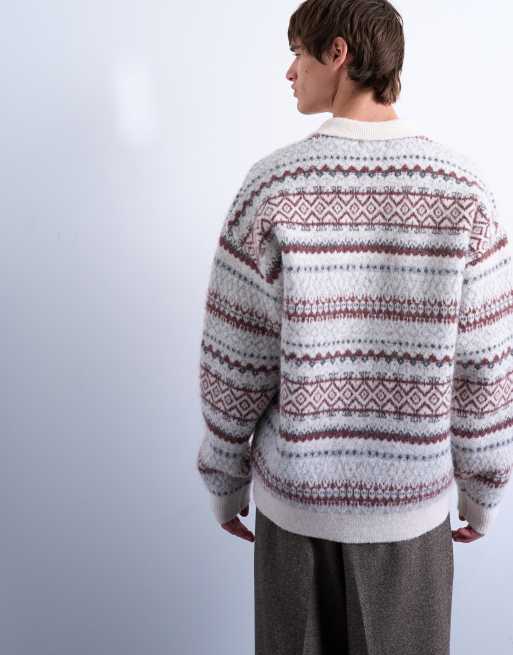 Topman regular fit Fair Isle stripe knitted polo in ecru, 3 of 5