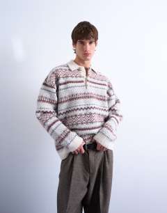Regular fit fairisle stripe knitted polo in ecru