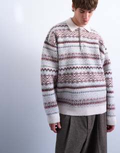 Model wearing Regular fit fairisle stripe knitted polo in ecru