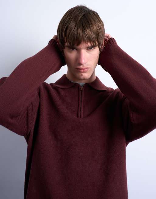 Topman - Regular-fit gebreide polo met rits in donkerrood, 4 van 5