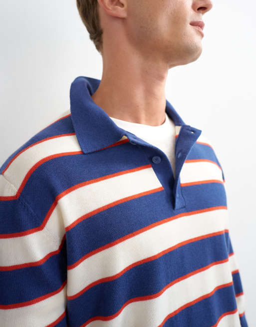 Topman regular-fit gestreepte gebreide polo in navy, 5 van 5
