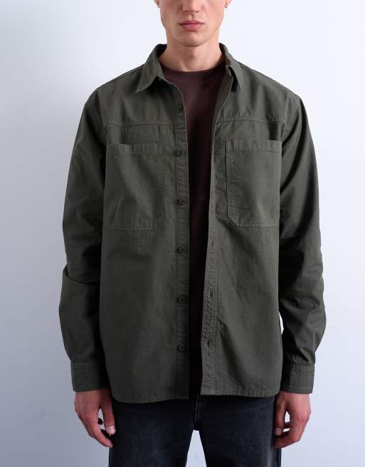 Topman – Regular Fit Hemdjacke aus Ripstop in verwaschenem Khaki, 3 von 5