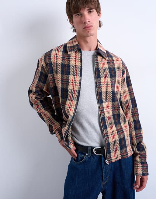 Topman – Regular Fit Hemdjacke in Marineblau mit strukturiertem Karomuster und Reißverschluss, 3 von 5