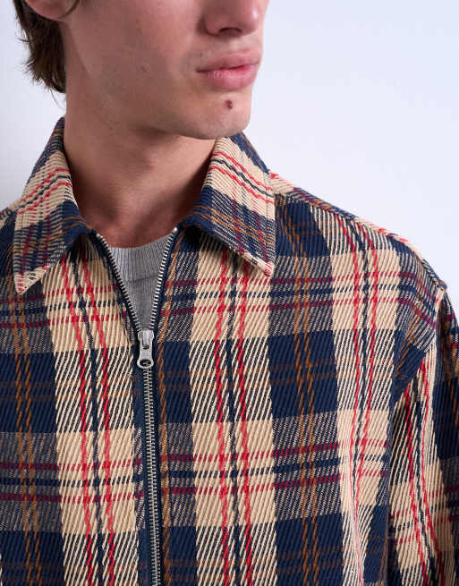 Topman – Regular Fit Hemdjacke in Marineblau mit strukturiertem Karomuster und Reißverschluss, 4 von 5