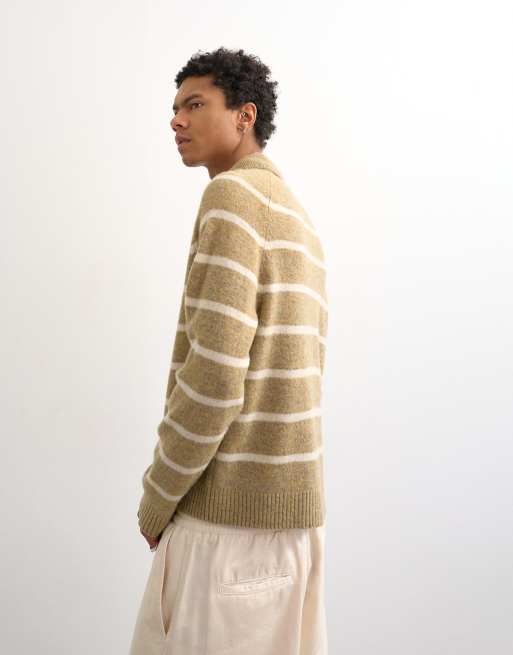 Topman regular fit knit crewneck polo shirt with stripes in heathered brown, 2 of 5