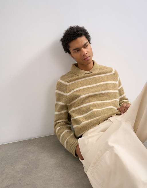 Topman regular fit knit crewneck polo shirt with stripes in heathered brown, 4 of 5