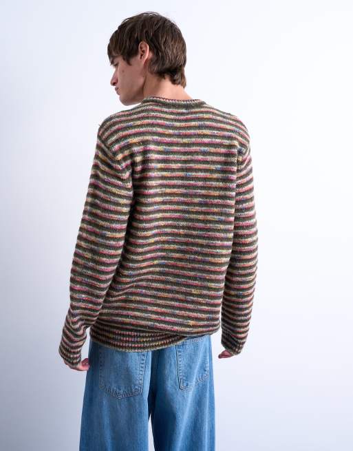 Topman regular fit knit twist striped sweater in khaki green multi, 4 of 5