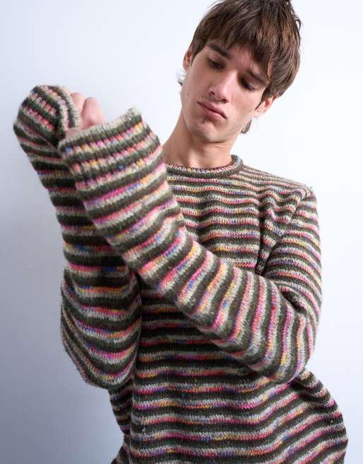 Topman regular fit knit twist striped sweater in khaki green multi, 5 of 5