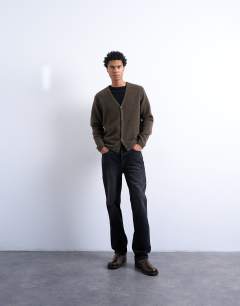 Model wearing Regular fit knitted cardigan in brown