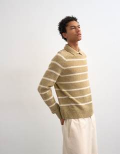 Regular fit knitted crewneck polo with stripe marl in brown