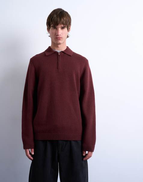 Topman regular fit knitted polo with zip in dark red - view 1