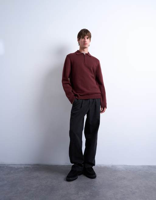 Topman regular fit knitted polo with zip in dark red, 2 of 5