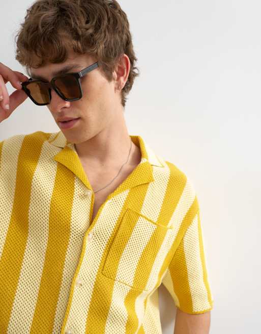 Topman regular fit knitted texture stripe shirt in yellow, 2 of 5