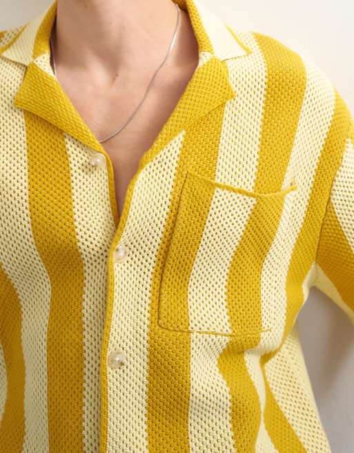 Topman regular fit knitted texture stripe shirt in yellow, 4 of 5