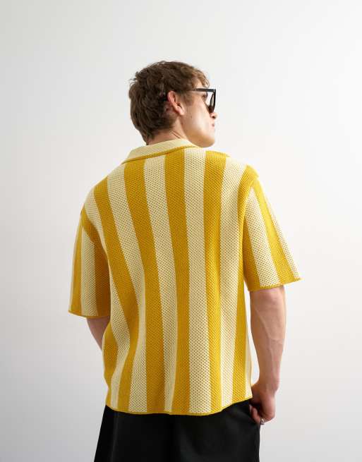 Topman regular fit knitted texture stripe shirt in yellow, 5 of 5