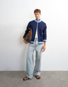 Model wearing Regular fit knitted track cardigan in blue