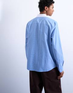 Model wearing Regular fit long sleeve formal stripe shirt with contrast collar in blue