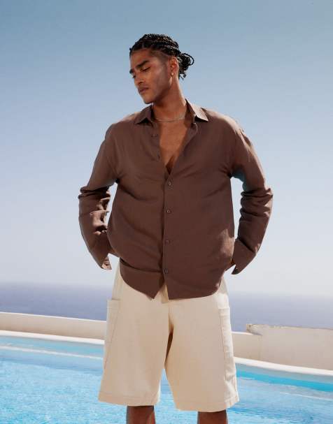 Topman regular fit long sleeve linen mix shirt in brown - view 1