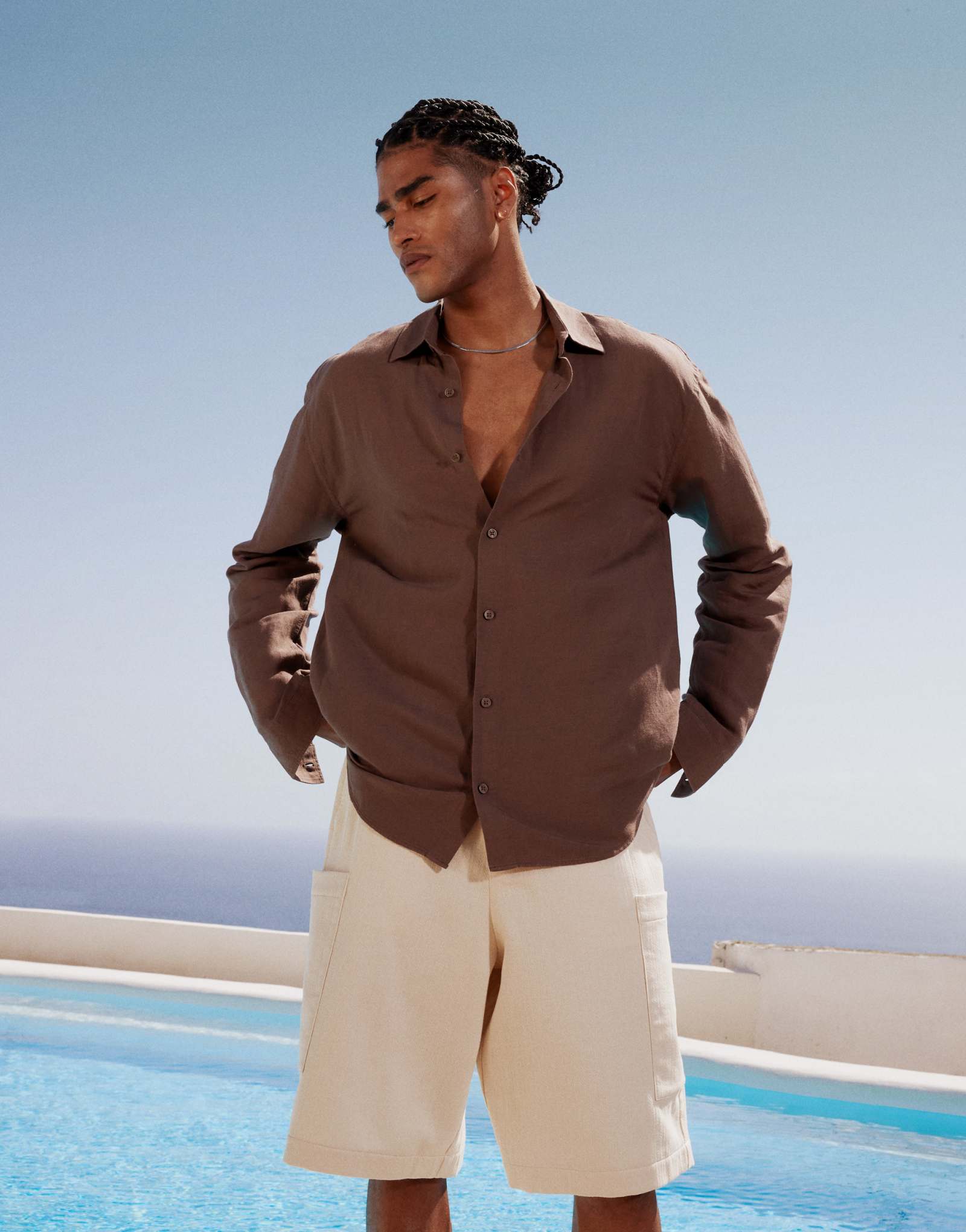 Рубашка из льняной смеси Topman regular fit с длинным рукавом коричневого цвета