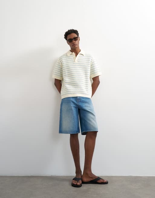 Topman regular fit machine crochet polo in blue, 2 of 5
