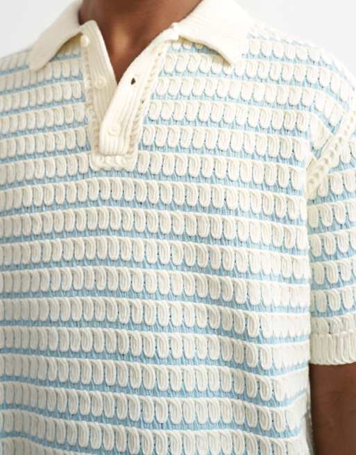 Topman regular fit machine crochet polo in blue, 3 of 5