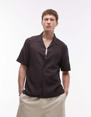 Topman - Regular-fit overhemd met linnenlook en korte mouwen in zwart - view 1