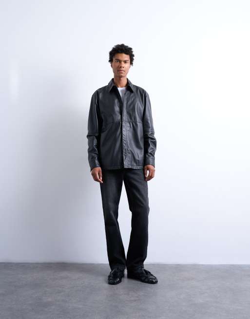 Topman - Regular-fit overhemd van echt leer in zwart, 3 van 5