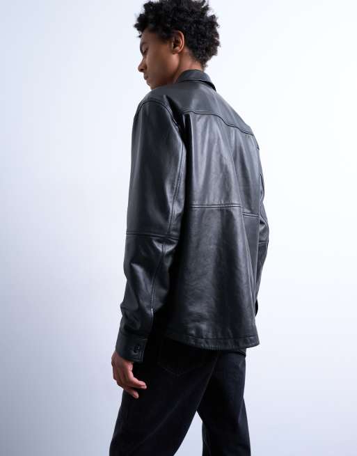 Topman - Regular-fit overhemd van echt leer in zwart, 5 van 5