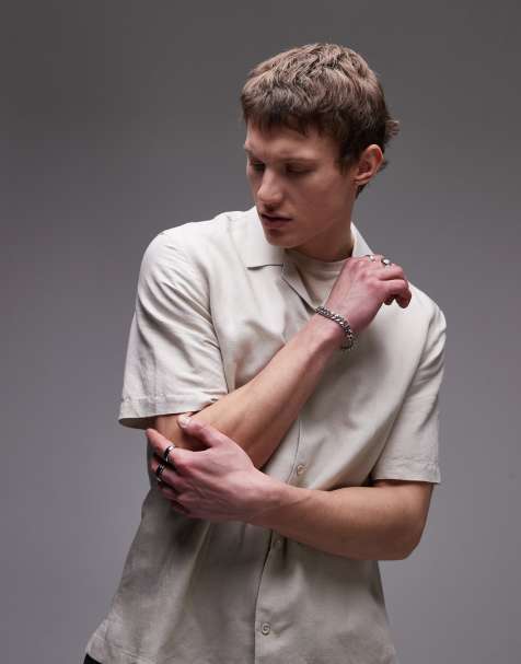 Topman - Regular-fit overhemd van linnenmix met korte mouwen in stone - view 1