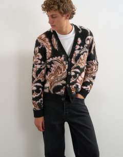 Model wearing Regular fit paisley brushed knitted cardigan in black