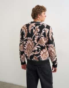 Model wearing Regular fit paisley brushed knitted cardigan in black