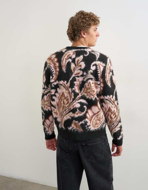 Topman Regular Fit Paisley-Strickcardigan mit gebürsteter Oberfläche in Schwarz, 3 von 5