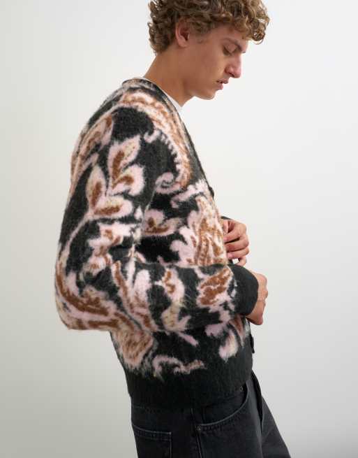 Topman Regular Fit Paisley-Strickcardigan mit gebürsteter Oberfläche in Schwarz, 5 von 5