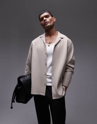 Topman - Regular-fit plissé overhemd met lange mouwen en reverskraag in beige