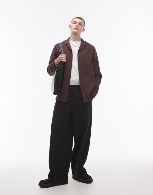 Topman - Regular-fit plissé overhemd met lange mouwen en reverskraag in pruimkleur, 2 van 4