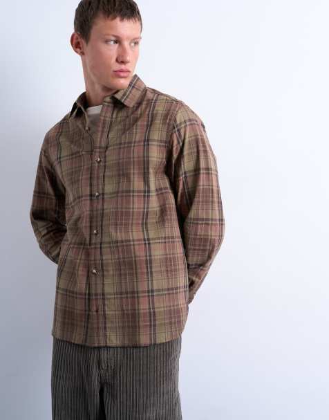 Topman regular fit poplin check shirt in green - view 1