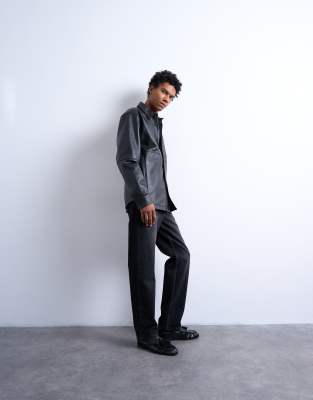 Topman Regular Fit Real Leather Shirt In Black