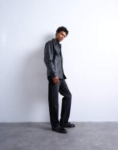 Regular fit real leather shirt in black