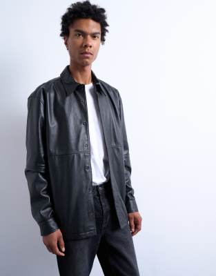 Topman Regular Fit Real Leather Shirt In Black