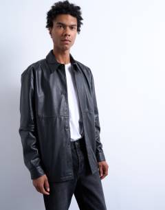 Model wearing Regular fit real leather shirt in black