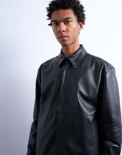 Model wearing Regular fit real leather shirt in black