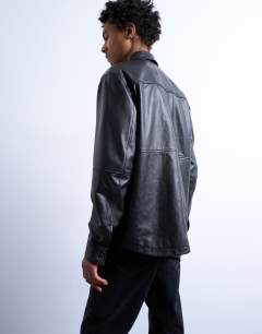 Model wearing Regular fit real leather shirt in black