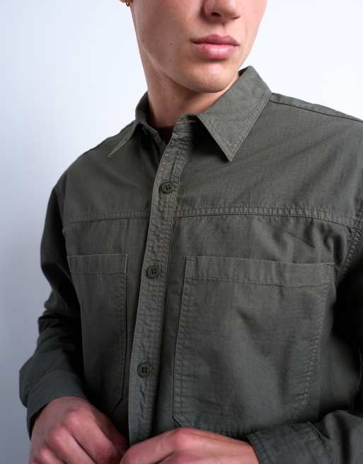 Topman - Regular-fit ripstop overshirt in kaki met wassing, 4 van 5